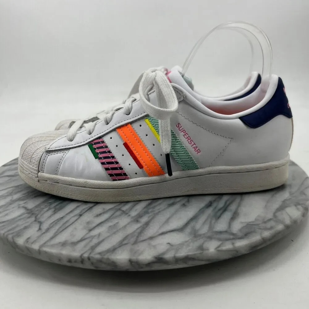 Adidas Mens 7.5 Superstar Shoe White Leather Multi Jagged Shell Toe‎ Sneaker